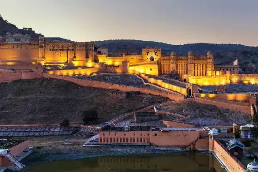 Amber Fort illuminated at evening in Jaipur Rajasthan during heritage city tour