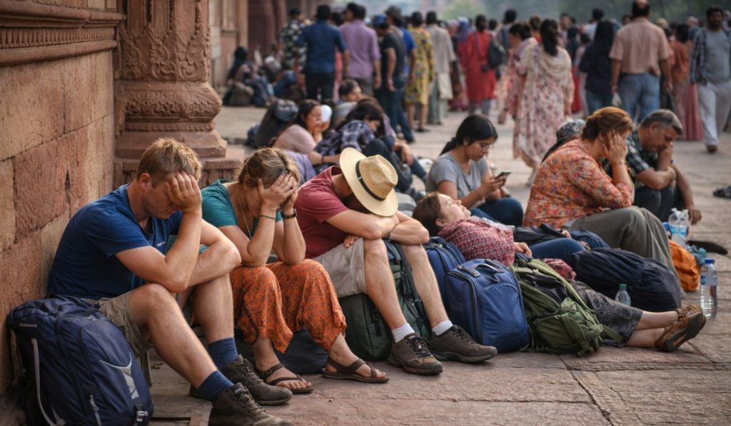 Travelers resting due to fatigue during crowded sightseeing in India
