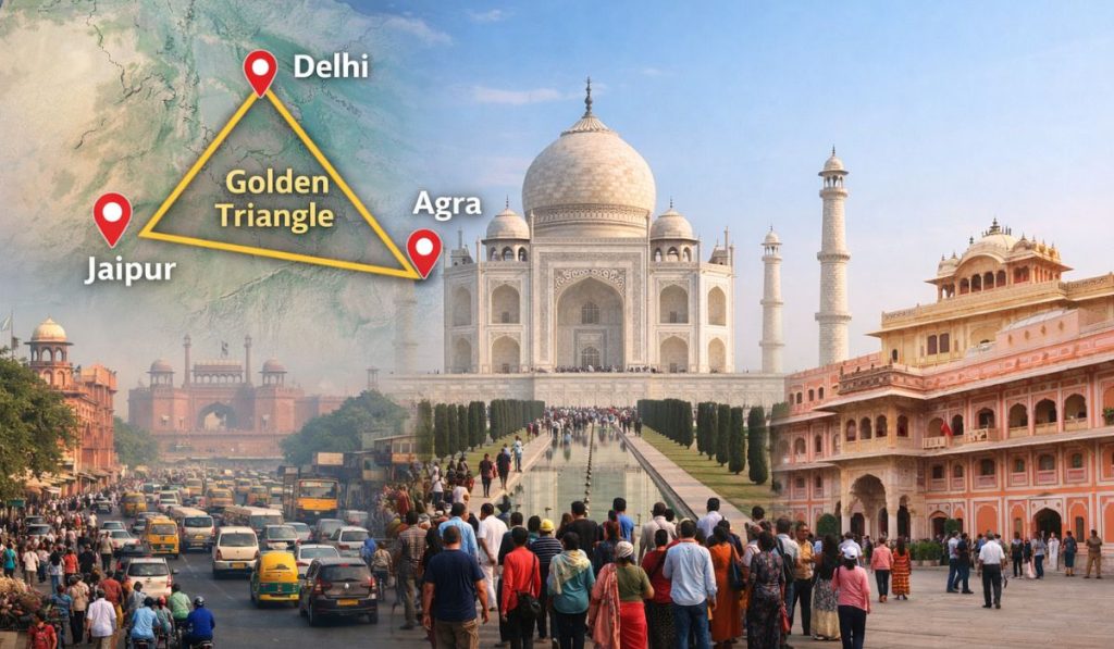 Golden Triangle India route showing Delhi Agra and Jaipur with real city crowds and travel conditions
