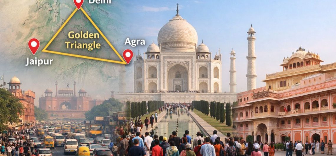 Golden Triangle India route showing Delhi Agra and Jaipur with real city crowds and travel conditions