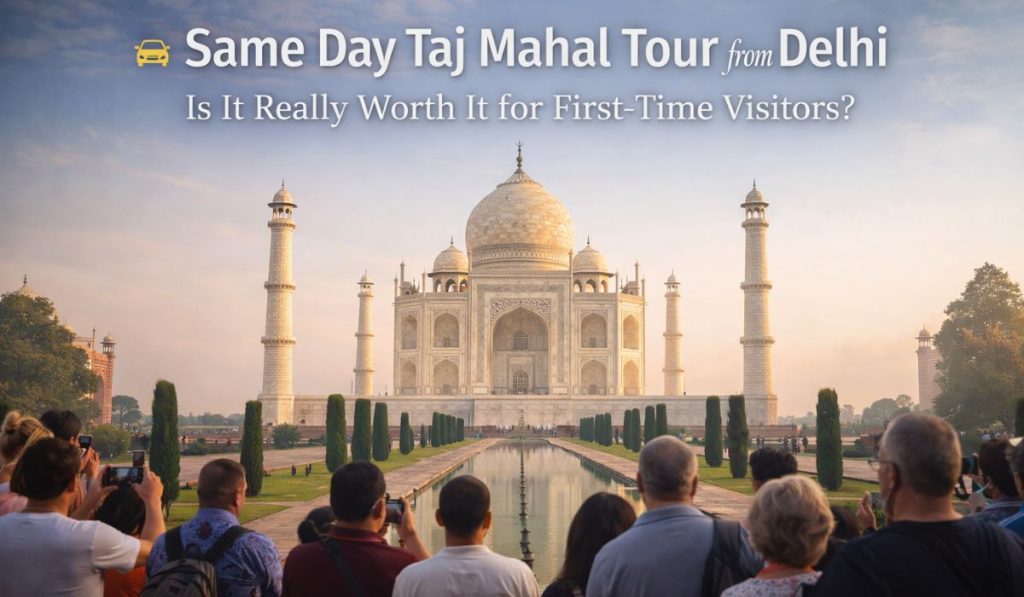 Same day Taj Mahal tour from Delhi at sunrise with first-time visitors viewing the monument