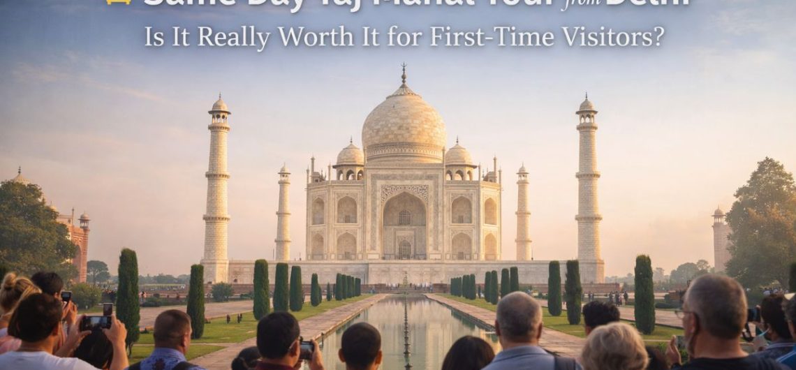 Same day Taj Mahal tour from Delhi at sunrise with first-time visitors viewing the monument