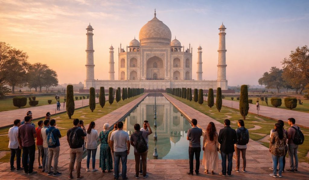 First-time visitors viewing the Taj Mahal from the main garden pathway in Agra
