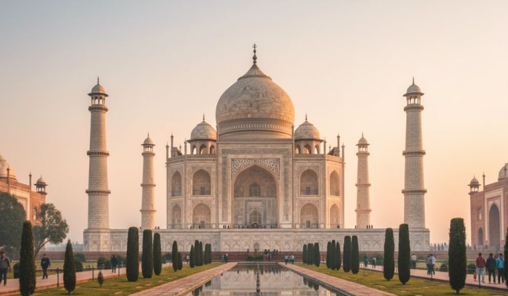 Front view of the Taj Mahal reflected in the central pool during early morning light