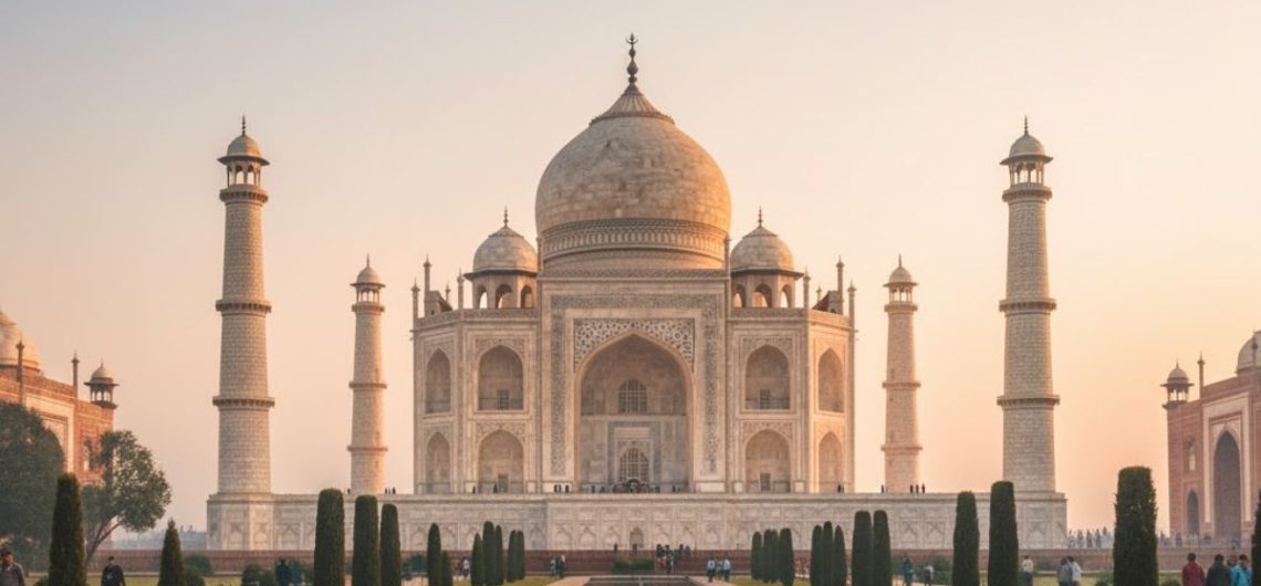 Front view of the Taj Mahal reflected in the central pool during early morning light