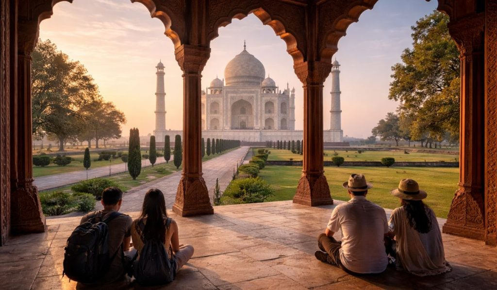 First-time visitors reflecting on the Taj Mahal from a red sandstone pavilion in Agra
