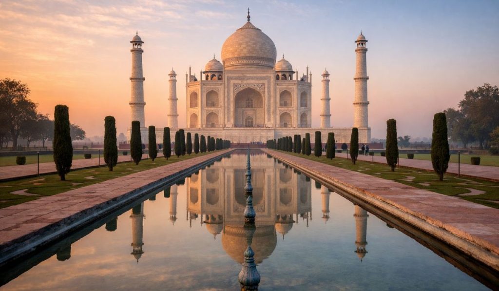 Taj Mahal at sunrise in Agra, an ideal first stop for first-time visitors to India