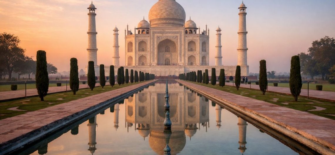 Taj Mahal at sunrise in Agra, an ideal first stop for first-time visitors to India