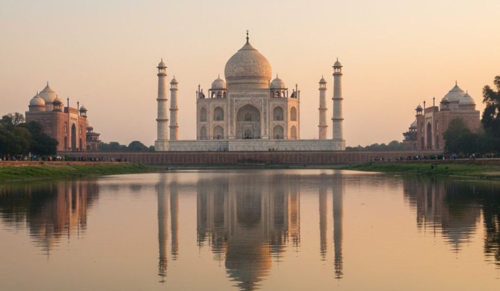 Taj Mahal viewed across the Yamuna River with its reflection in calm water