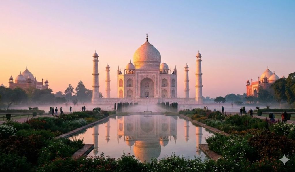 A wide, scenic view of the white marble Taj Mahal at sunrise, glowing with golden light and perfectly reflected in the water of a long pool in the foreground under a pastel-colored sky.