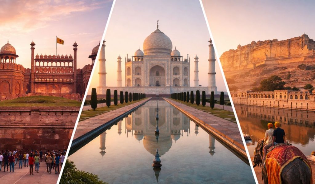 Collage showing Delhi Red Fort, Taj Mahal in Agra, and Jaipur Amer Fort representing the Golden Triangle tour in North India
