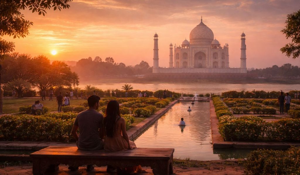 Sunset view of Taj Mahal from Mehtab Bagh during overnight Agra tour