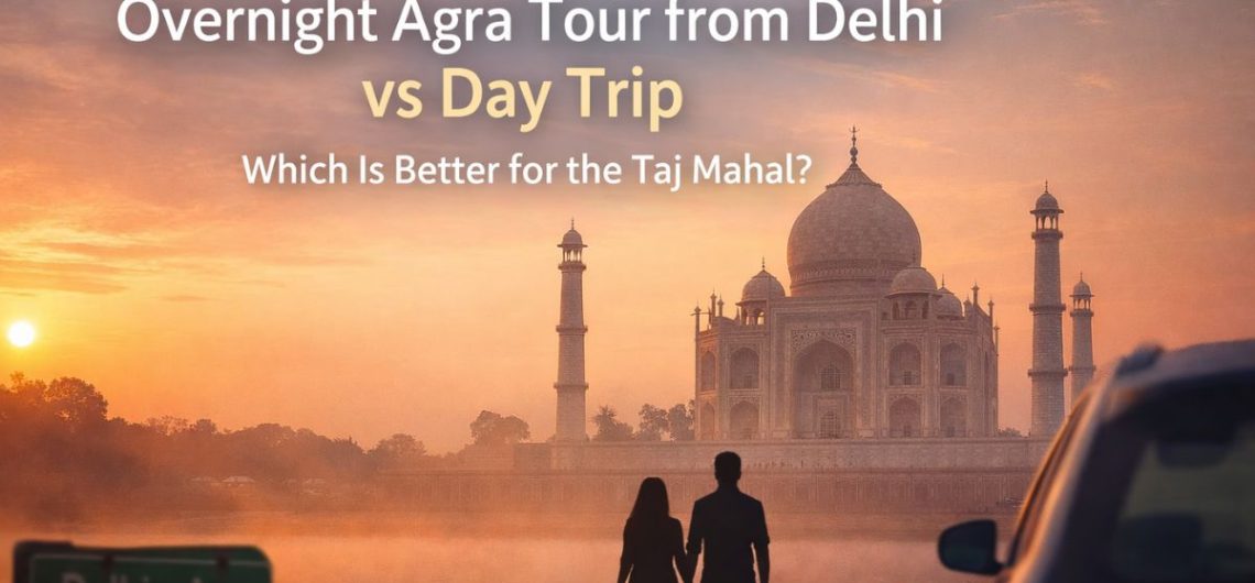 Sunrise view of Taj Mahal during overnight Agra tour from Delhi by car