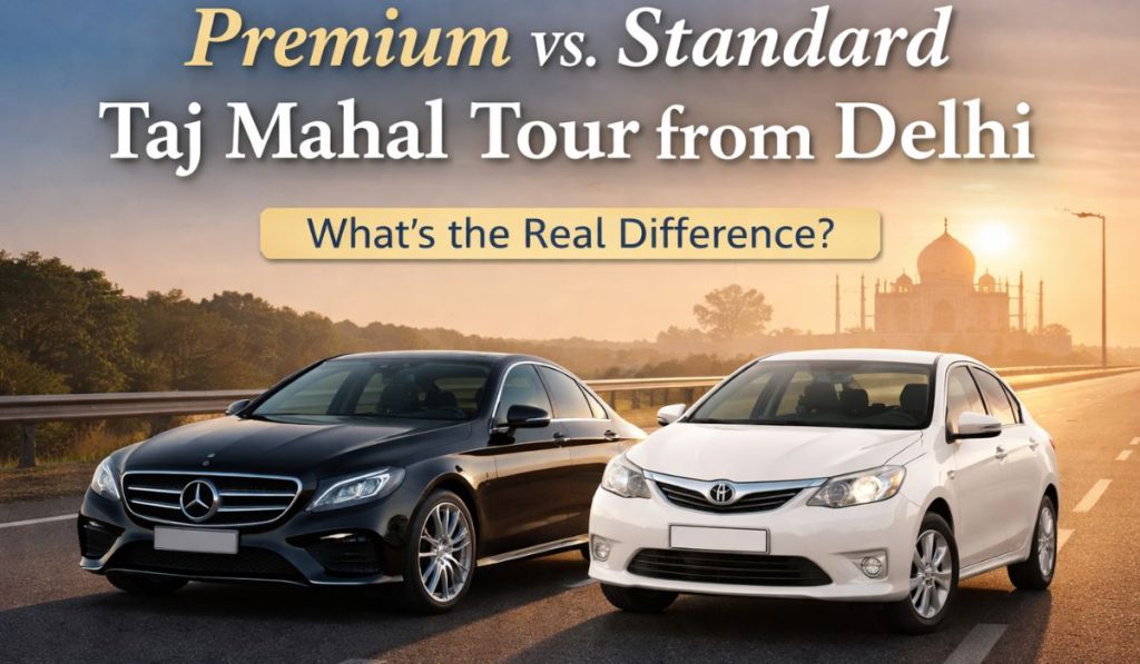 Premium and standard cars on Yamuna Expressway with Taj Mahal in background comparing Taj Mahal tours from Delhi