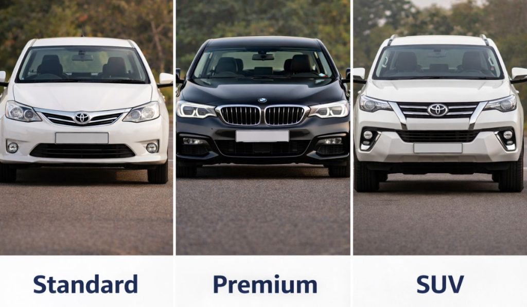 Comparison of standard sedan, premium luxury car, and SUV for Taj Mahal tour from Delhi
