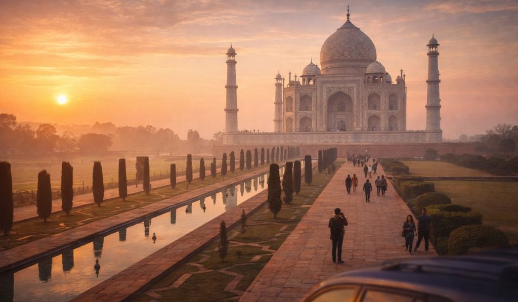 Sunrise view of Taj Mahal during overnight Agra tour from Delhi