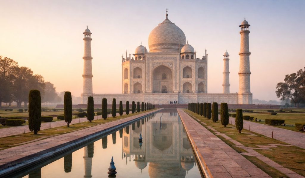 Sunrise view of the Taj Mahal in Agra with reflection in the water garden during early morning