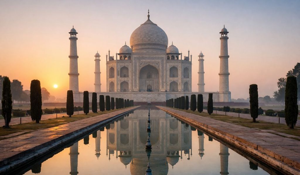 Sunrise view of the Taj Mahal reflecting in the central water pool during early morning in Agra