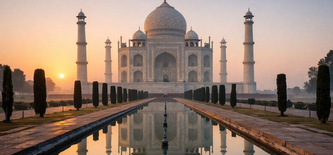 Sunrise view of the Taj Mahal reflecting in the central water pool during early morning in Agra