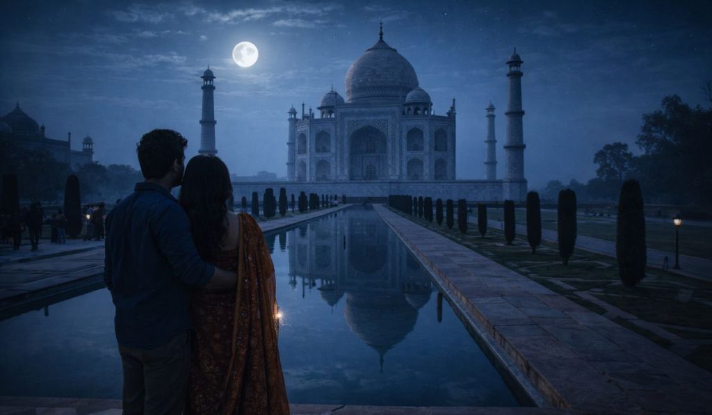 Taj Mahal night view under moonlight with couple during Agra tour from Delhi