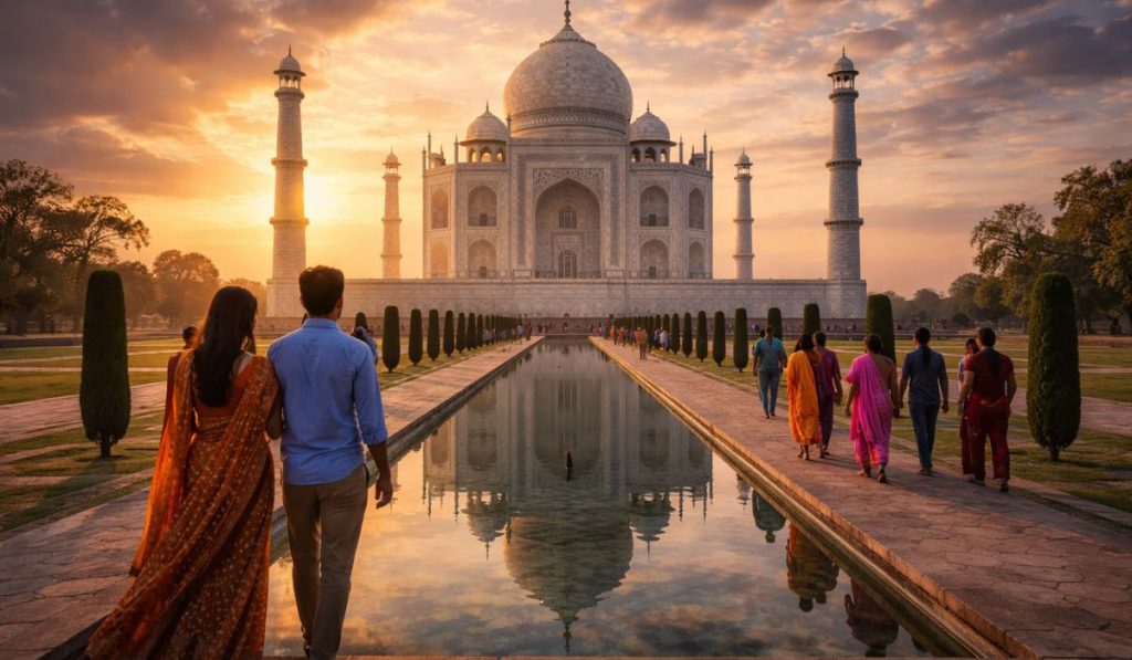Taj Mahal sunrise tour from Delhi with couple walking near reflection pool in golden light
