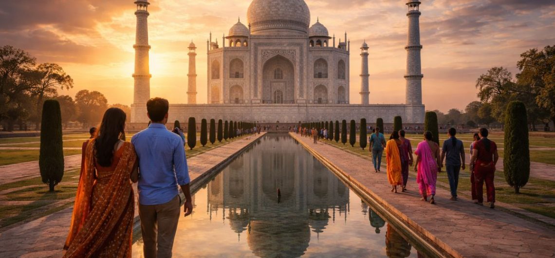 Taj Mahal sunrise tour from Delhi with couple walking near reflection pool in golden light