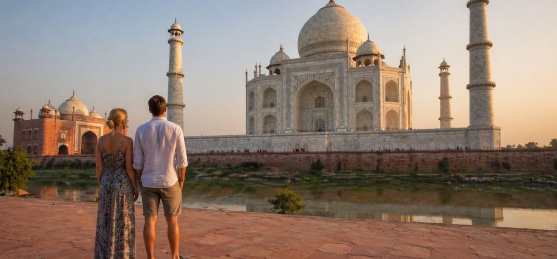 Tourists admiring Taj Mahal in soft morning light with peaceful surroundings