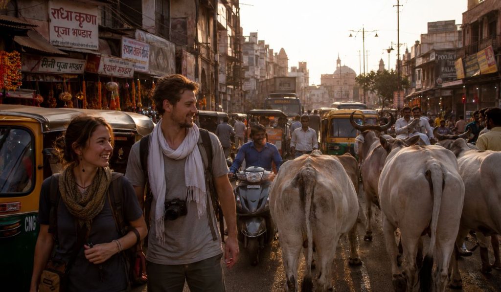 Foreign tourists walking through a crowded Indian street with cows, tuk tuks, and local market atmosphere