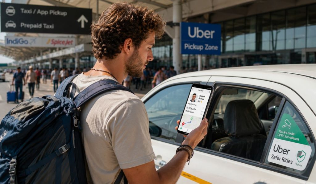 Tourist using safe transportation and ride-sharing services in India