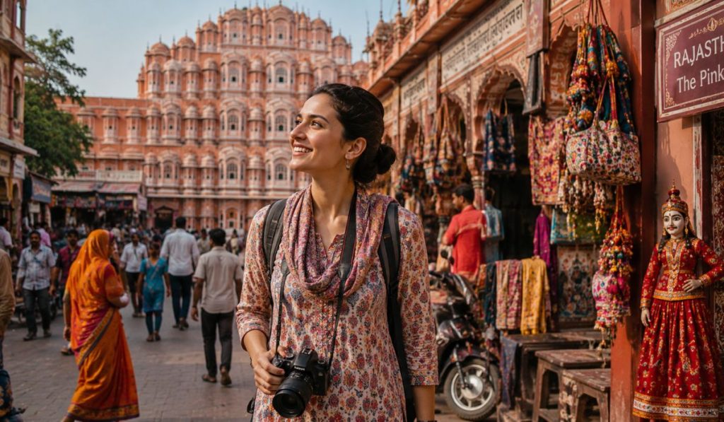Solo female traveler safely exploring India and local markets