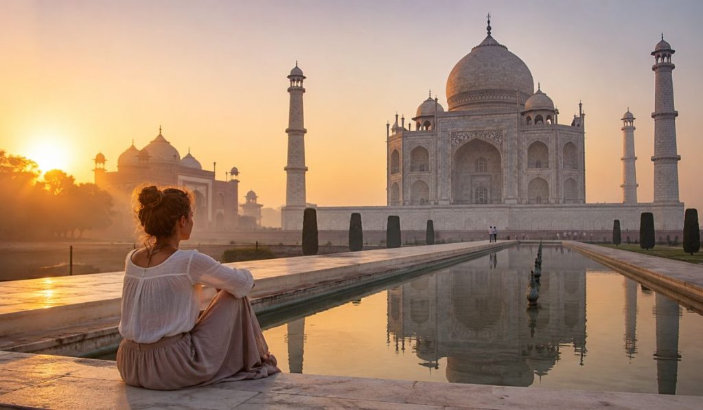 Foreign tourist sitting near the Taj Mahal during sunrise in Agra with golden morning light
