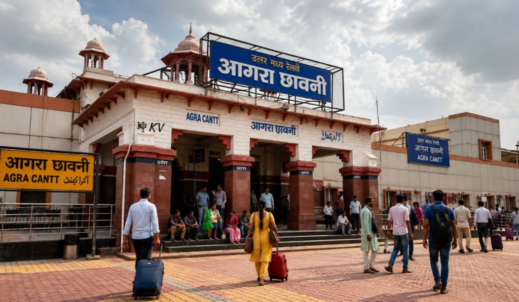 Agra Cantt railway station main exit with prepaid taxi stand for Taj Mahal transfers
