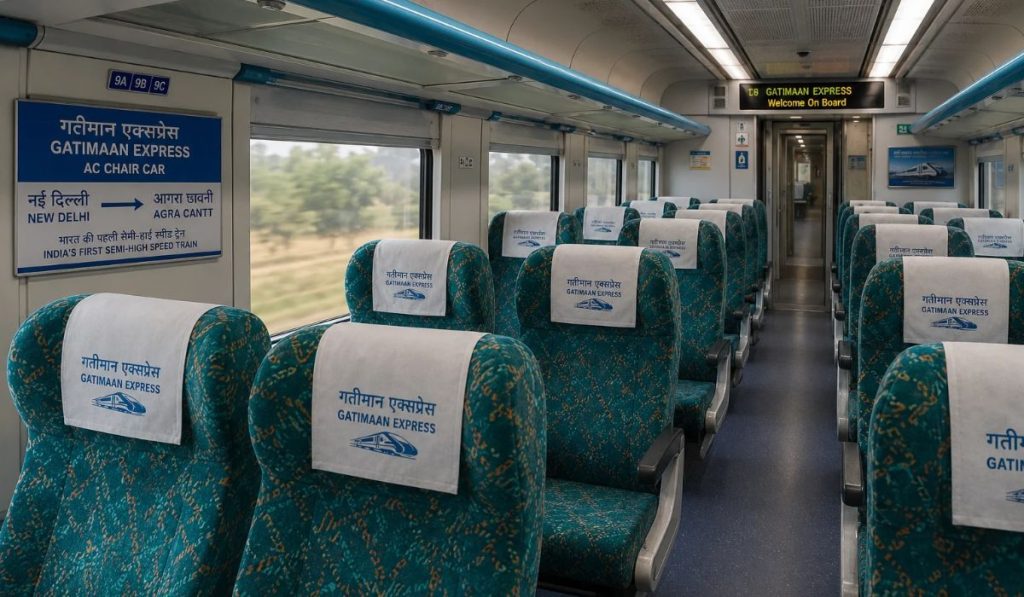 Gatimaan Express train interior showing AC Chair Car seating from Delhi to Agra