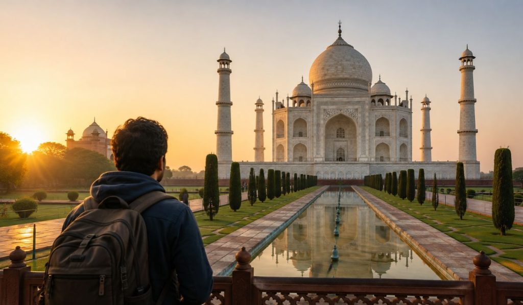 Traveler viewing the Taj Mahal after taking the early morning Delhi to Agra train