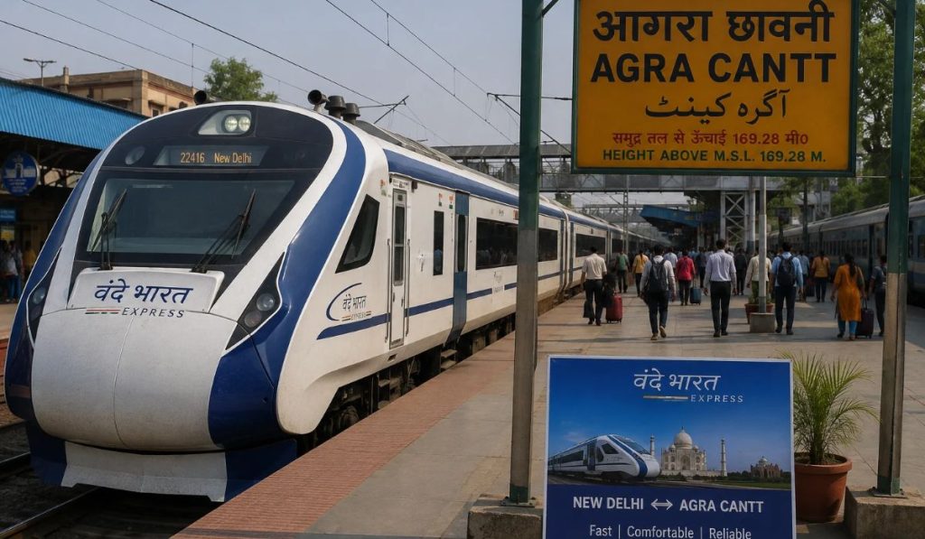 Vande Bharat Express train arriving at Agra Cantt station for Taj Mahal day trip