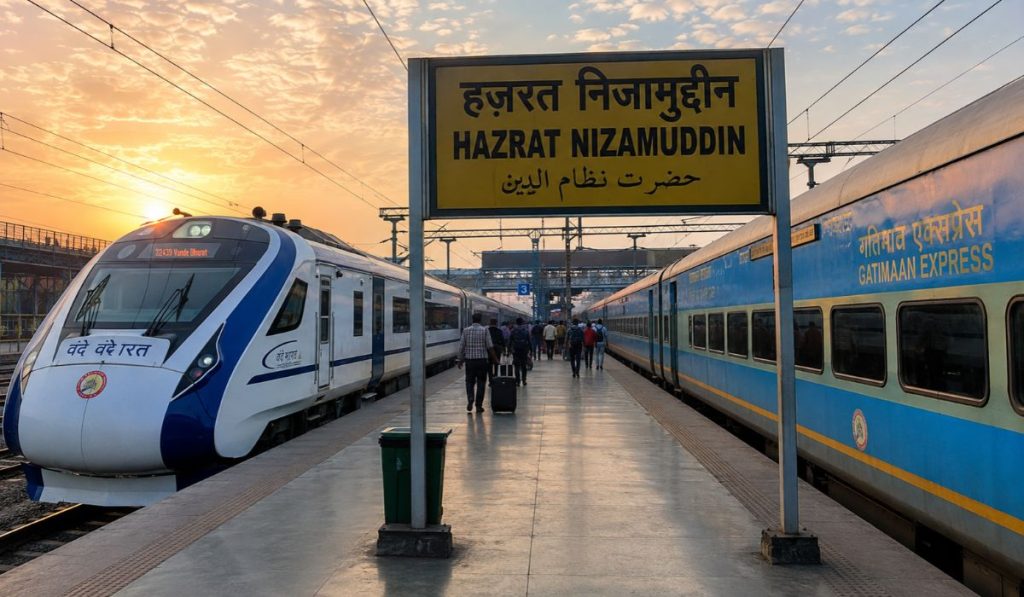 _Vande Bharat and blue Gatimaan Express train at Hazrat Nizamuddin platform at sunrise.