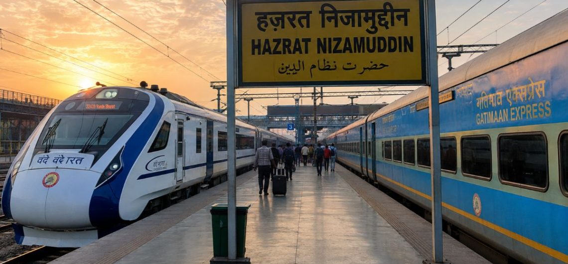 _Vande Bharat and blue Gatimaan Express train at Hazrat Nizamuddin platform at sunrise.
