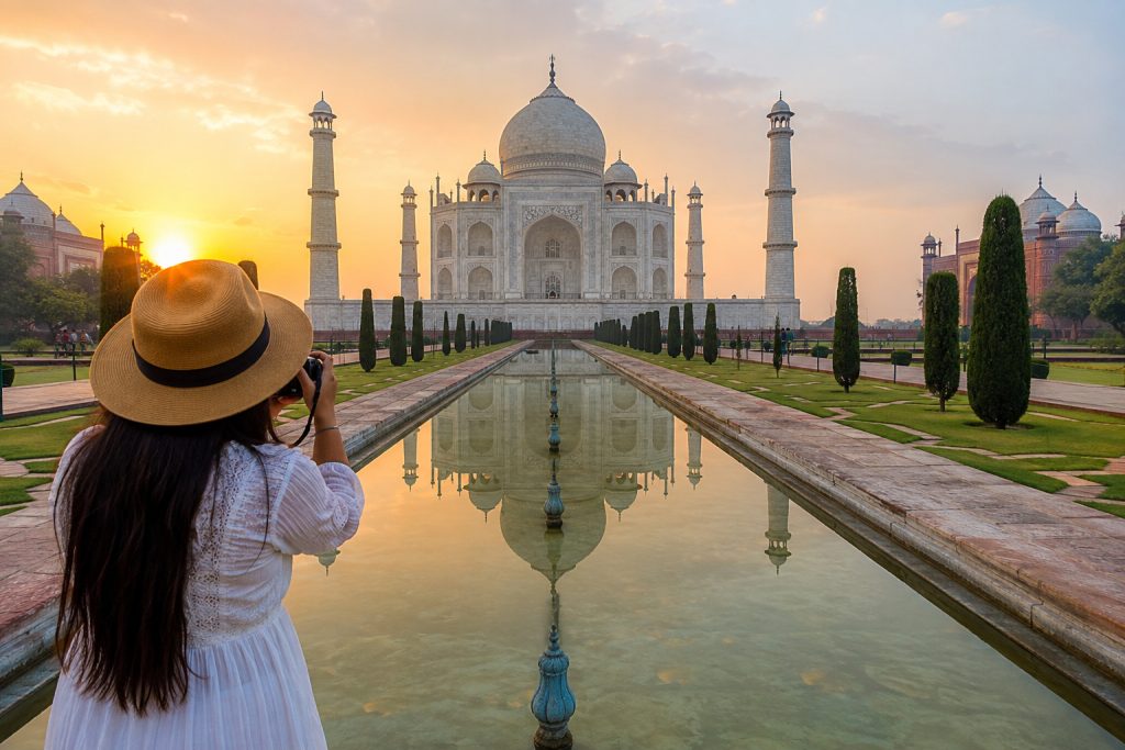 Best photography spot at the Taj Mahal with reflecting pool at sunrise