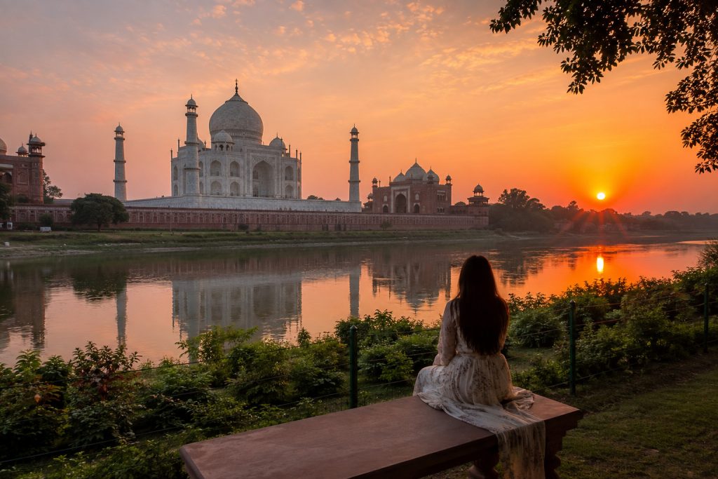 Taj Mahal sunset view from Mehtab Bagh across Yamuna River